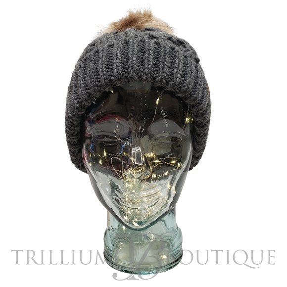 Barbour Hat Beanie Penshaw Cable-Knit Charcoal Faux Fur Pom Cottagecore Outdoor